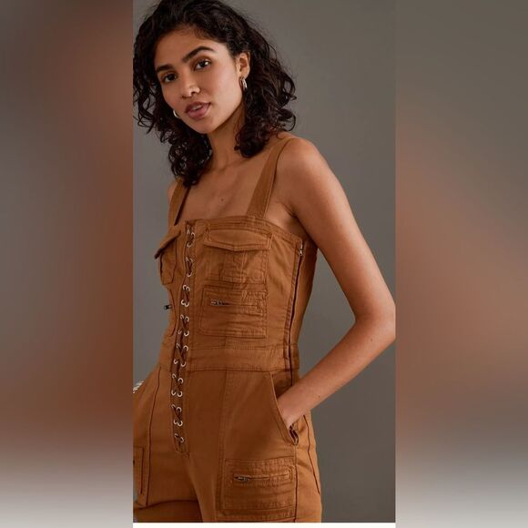 Good American‎ NEW Jumpsuit Womens Medium Brown Lace Up Utility Twill Cargo - Picture 12 of 16